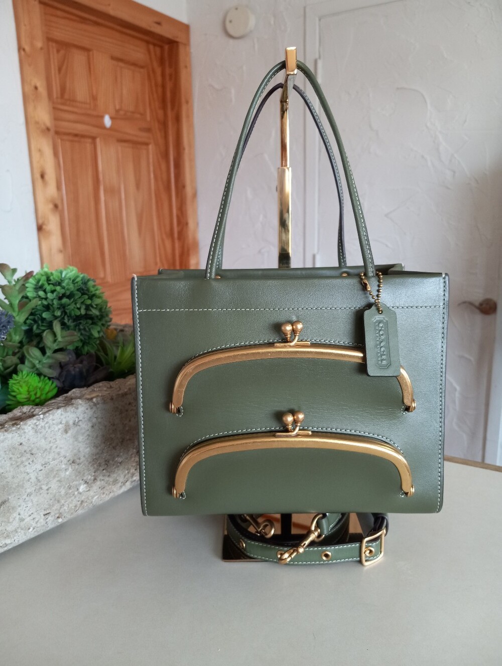 Coach Cashin Carry Tote 22, Double Kisslock, Green - Picture 5 of 15